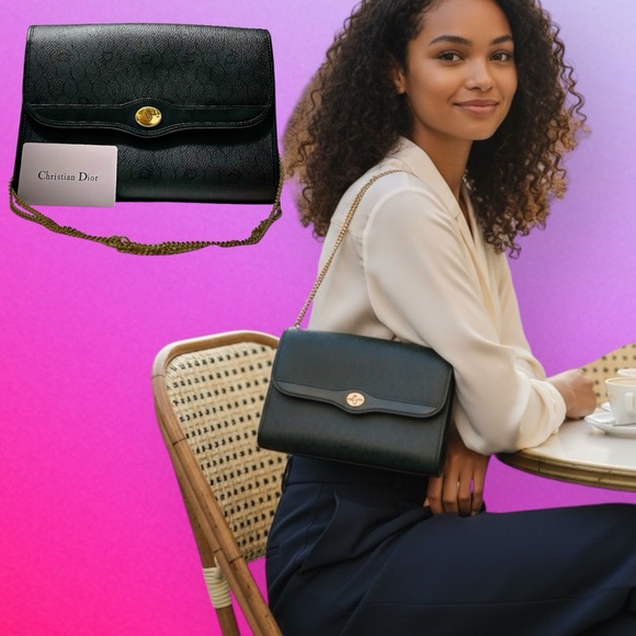 Dior Handbags - Authentic vintage Christian Dior Black Leather shoulder bag with Gold Accents